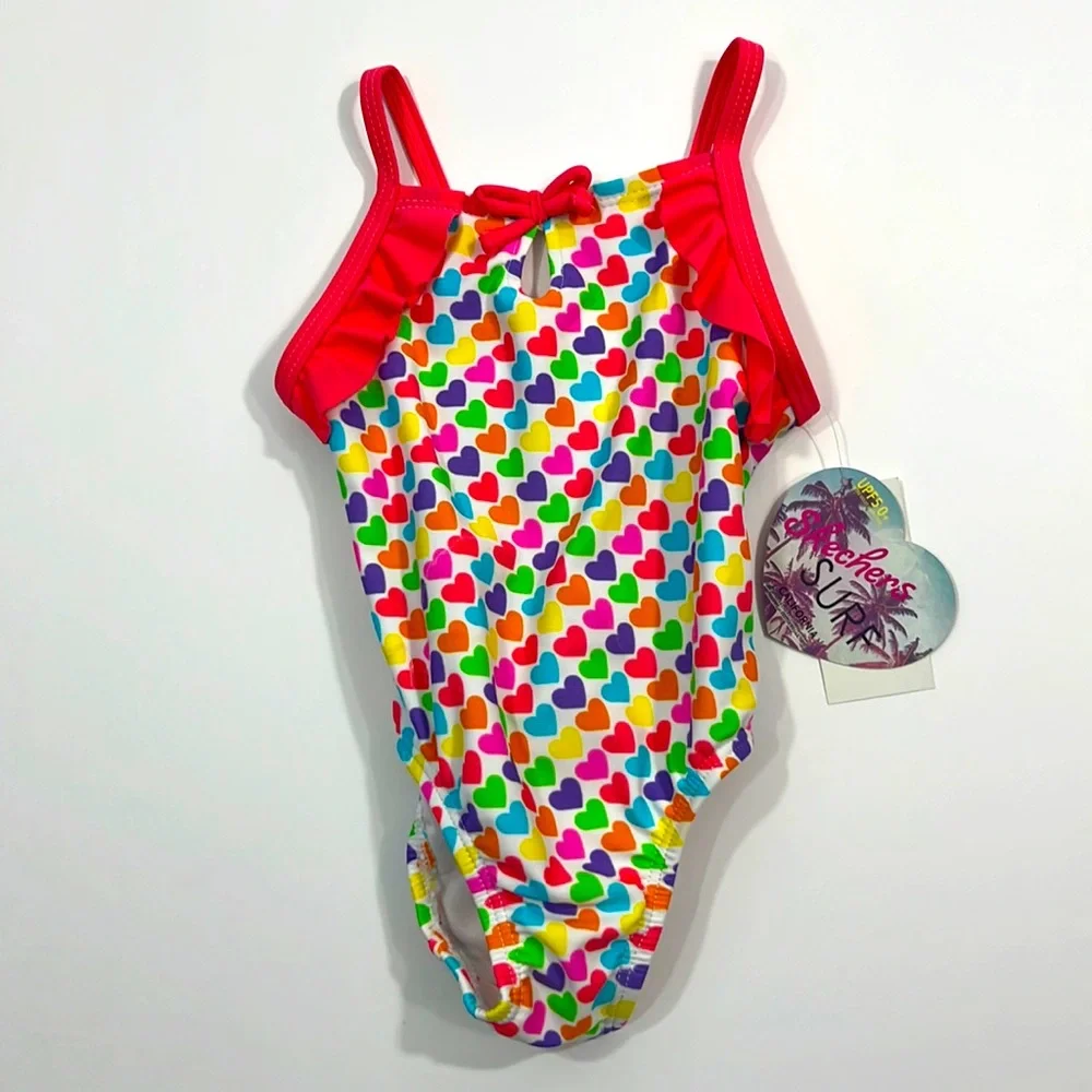 Skechers Girls' One Piece Swimsuits MULTI - Pink & Green Hearts Ruffle 12 Months